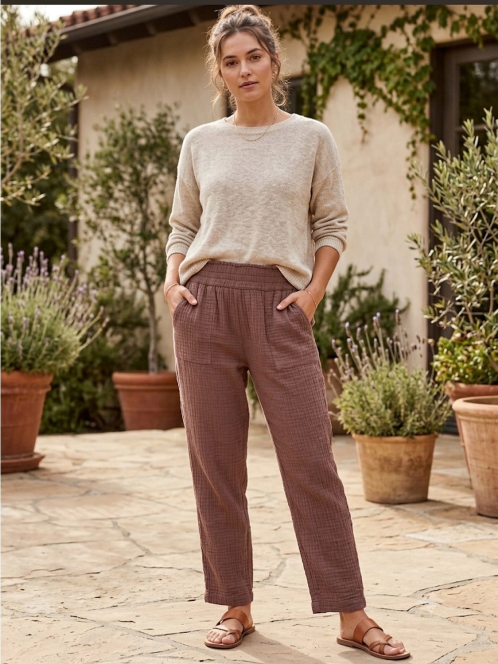 Loft High Waist Crinkle Gauze Pull On Ankle Pants 100% cotton made in India XS